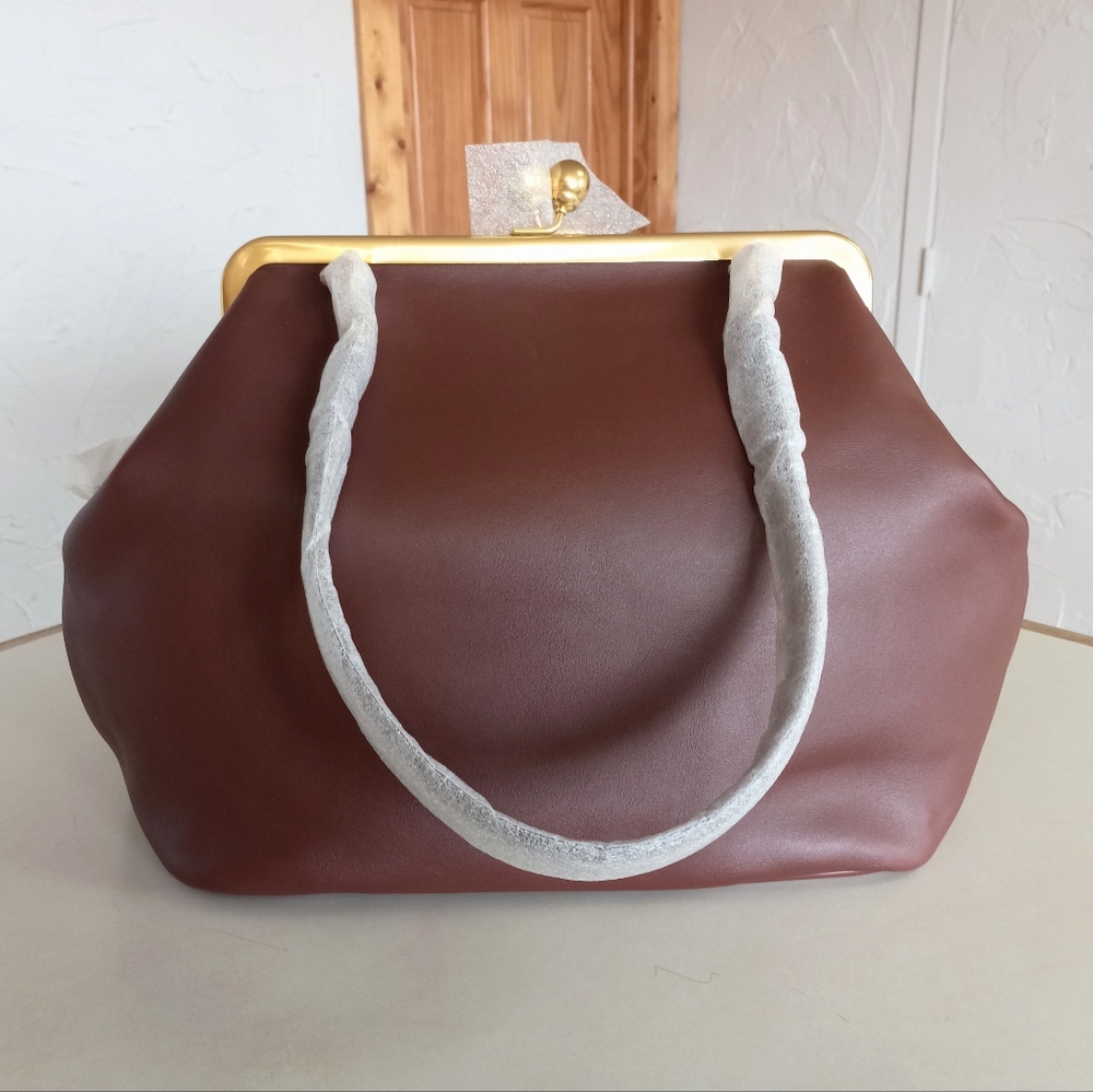 Coach Large Leather Kisslock Frame Shoulder Clutch Bag, Brown - Picture 7 of 14